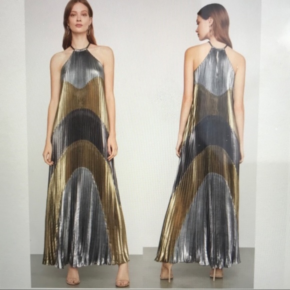 bcbg pleated metallic halter gown